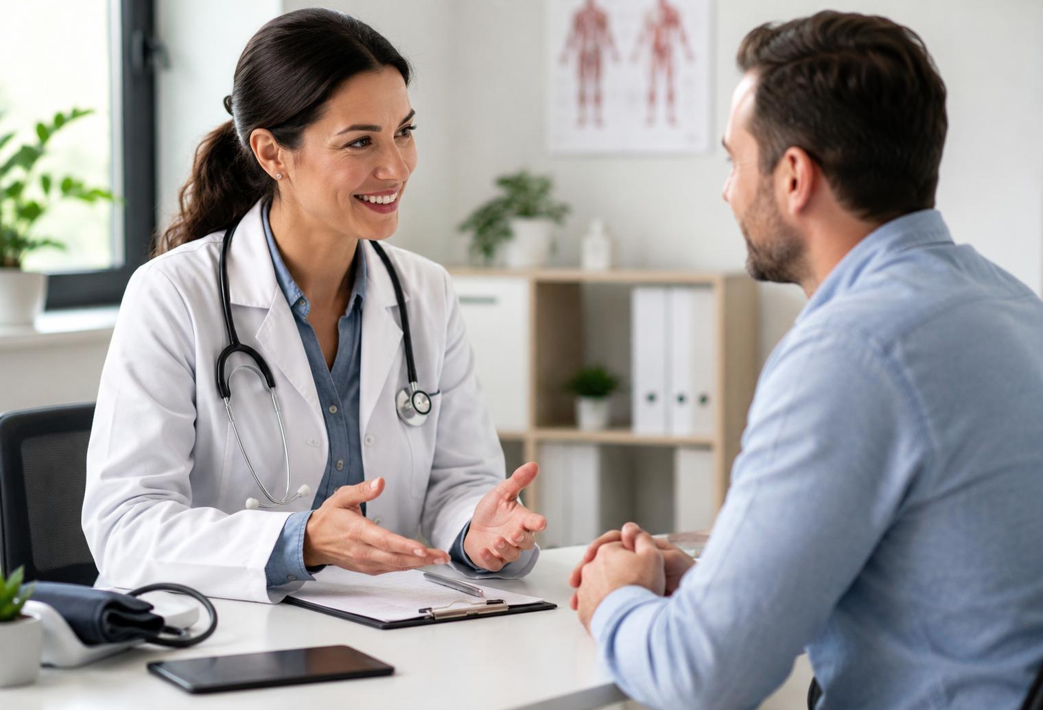 Female doctor with a stethoscope consulting with a male patient about primary care services